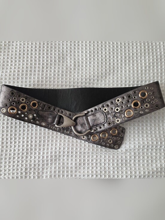 non-existent Accessories - Wide Metallic Gunmetal Eyelet Waist Belt 36.5"